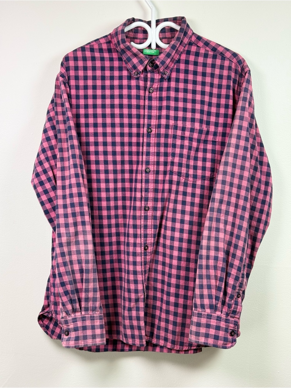 United Colors of Benetton pink and dark blue casual shirt size L 100% cotton